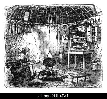 Black and White Illustration; Inside a Peasants Hut int he 19th century, Isle of Skye, Scotland Stock Photo