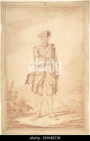 Standing Soldier: Garde Française 18th century Charles Dominique Joseph Eisen French Until 1983, this drawing was thought to be by Antoine Watteau. We now know it matches similar studies of French guardsmen by Eisen and was engraved as an illustration for the military manual 'Positions des soldats de l'infanterie pendant la manoeuvre du fusil' (Paris, 1751–52).. Standing Soldier: Garde Française. Charles Dominique Joseph Eisen (French, Valenciennes 1720–1778 Brussels). 18th century. Red chalk over traces of graphite. Drawings Stock Photo