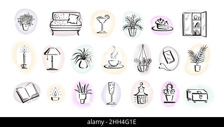 Home hygge, cosy interior objects, relax mood. Hand-drawn brush doodles of sofa, flower pots, book and reader with earbuds, tealight and candle, pie Stock Vector