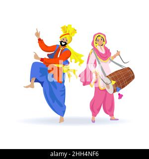 Happy Sikh couple, bearded man in turban dancing bhangra dance, young woman in pink Punjabi suit playing dhol drum at harvest festival Lohri, party Stock Vector