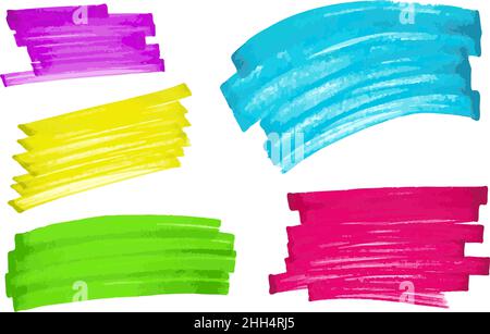 Colourful marker highlighter stripe shapes. Collection of hand drawn rectangular horizontal elements. Vector design for notes, memo, bullet journal Stock Vector