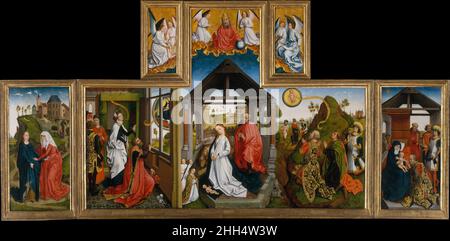 The Nativity mid-15th century Workshop of Rogier van der Weyden Netherlandish The central panel of this altarpiece represents the Nativity, flanked on the left by the annunciation of the Tiburtine Sibyl to the emperor Augustus, and on the right by the Annunciation to the Magi with a further scene in the background of the Magi bathing at Mount Victorial. The wings depict the Visitation and the Adoration of the Magi, looking on from above surrounded by angels, is God the Father. The announcement of Christ's coming to Augustus and to the Three Kings were events thought to have occurred at the mom Stock Photo