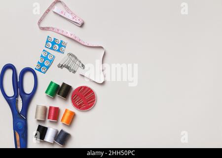 Set of sewing tools and accessories, top view flat lay copy space Stock Photo