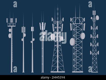 Transmission cellular tower. Mobile and radio communications antennas for wireless connections. Outline vector illustrations set Stock Vector