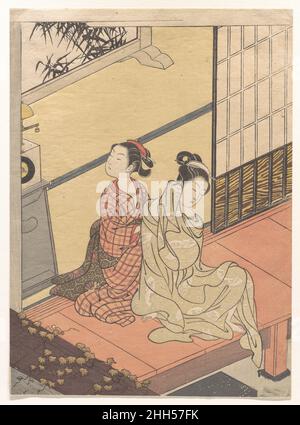 Evening Chime of the Clock (Tokei no banshō), from the series “Eight Parlor Views” (Zashiki hakkei) ca. 1766 Suzuki Harunobu Japanese The orderly composition of this scene, with architectural elements arranged in parallel diagonals, reveals a private room and courtyard behind a roofed wall covered with vines. In the tightly organized space, a woman in a loose garment sits on the veranda after her bath. The maid turns her head toward the clock, partially seen at left, at the moment it strikes the hour. The woman, though listening to the clock, seems preoccupied. The traditional representation o Stock Photo