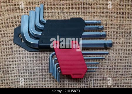 L-Shaped Hex Wrench set isolated on white background. This key is usually used to open or remove bolts on bicycles. Stock Photo
