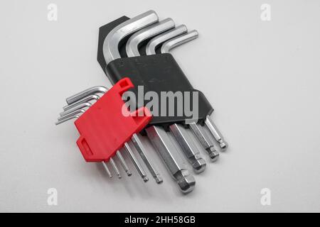 L-Shaped Hex Wrench set isolated on white background. This key is usually used to open or remove bolts on bicycles. Stock Photo