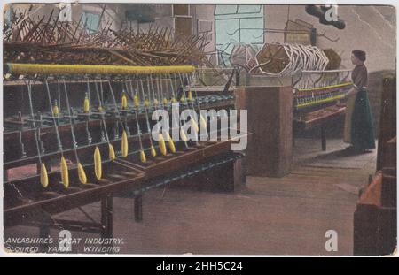 'Lancashire's great industry, coloured yarn winding': woman standing by mill machinery. The colourised postcard was published by L. Pickles & Co. of Bradford, and was posted in 1920 Stock Photo