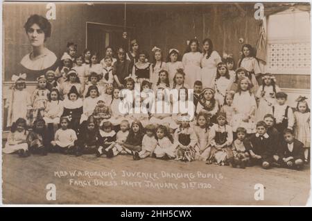 Mrs W.A. Roelich's juvenile dancing pupils, fancy dress party, 31 January 1920: group photograph of children in fancy dress with inset photo of their teacher Stock Photo