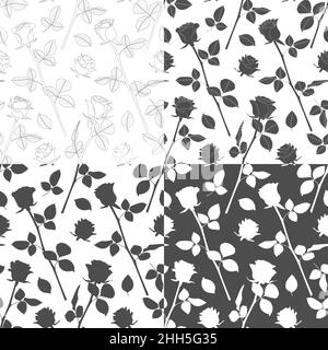 Set of black and white seamless patterns with flowers, roses. Vector backgrounds on white. Stock Vector