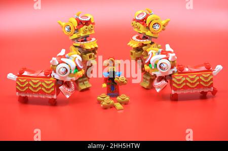 the god of wealth in china celebrate in lunar new year 2022, with the couplet writing ' receive the treasure' Stock Photo