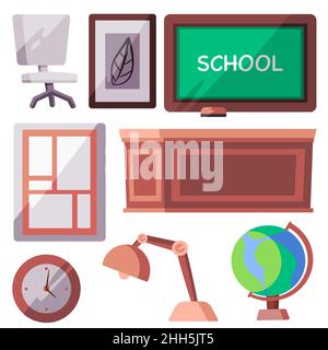 school class room object set of collection chalk board chair lamp globe table kids style Stock Vector