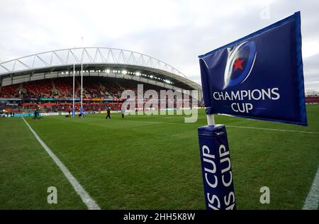 General view inside the stadium before the Heineken Champions Cup, Pool A match at Thomond Park in Limerick, Ireland. Picture date: Sunday January 23, 2022. Stock Photo