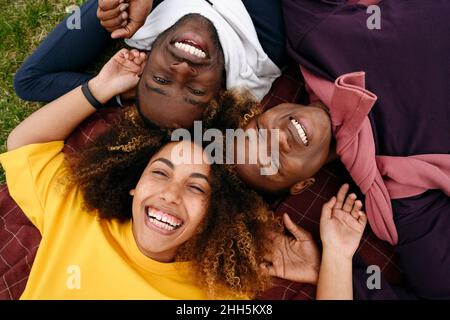 Cheerful young friends lying on blanket in park Stock Photo