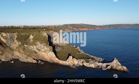 Anstey's Cove, near Babbacombe, Devon, England: A drone aerial view of the former limestone quarry Stock Photo