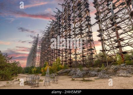 Ukraine, Kyiv Oblast, Chernobyl, Remains of Russian Woodpecker radar Stock Photo