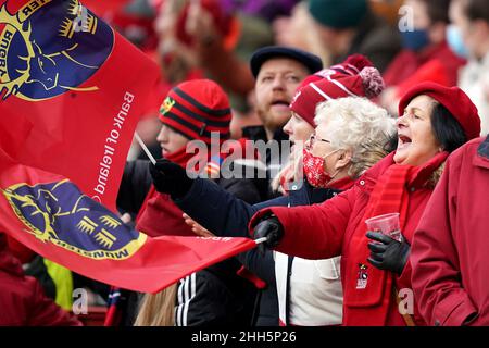 Munster fans wave flags prior to kick-off in the Heineken Champions Cup, Pool A match at Thomond Park in Limerick, Ireland. Picture date: Sunday January 23, 2022. Stock Photo