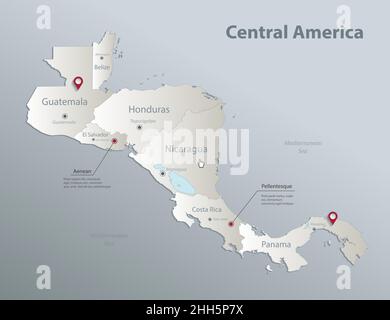 Central America map, separates states with names, blue white card paper 3D vector Stock Vector