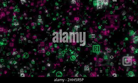 Colorful abstraction of popular social networks and services app icons floating on the black background. Technology, social media and internet backdro Stock Photo
