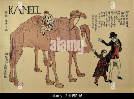 Camels with Dutch Handlers ca. 1821 Unidentified artist A Dutchman escorts the procession of male and female camels handled by two Arabian attendants in handsomely patterned clothes. At upper left is the Dutch word kameel, and the term is defined in Japanese to the left. At upper right is a detailed account of the physical attributes of the animals, with the heading “Camels brought over by the Dutch.”. Camels with Dutch Handlers. Unidentified artist Japanese, 19th century. Japan. ca. 1821. Woodblock print; ink and stencil-printed color on paper; horizontal ?-?ban. Edo period (1615–1868). Print Stock Photo