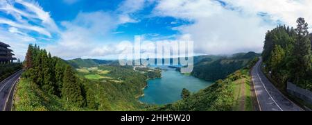 Aerial panorama of Lagoa das Sete Cidades twin lake and surrounding landscape Stock Photo