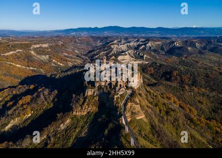 Italy, Civita di Bagnoregio, Drone view of hilltop village