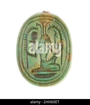 Scarab Inscribed with a Hieroglyphic Motif ca. 1479–1458 B.C. New Kingdom. Scarab Inscribed with a Hieroglyphic Motif. ca. 1479–1458 B.C.. Steatite (glazed). New Kingdom. From Egypt, Upper Egypt, Thebes, Deir el-Bahri, Temple of Hatshepsut, Foundation Deposit 9 (I), MMA excavations, 1926–27. Dynasty 18, early Stock Photo