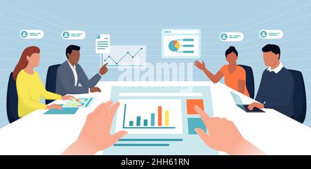 Corporate business team having a meeting in a virtual office room: digital workspace, remote work and teamwork concept Stock Vector