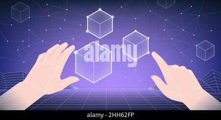 User interacting with a VR interface in the metaverse: virtual reality and cyberspace concept Stock Vector