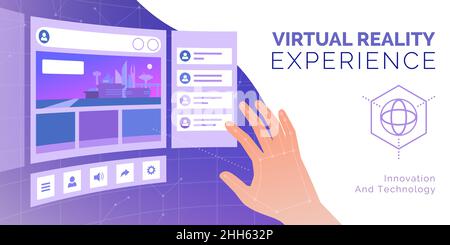 User interacting with tridimensional virtual screens, VR and virtual workspace concept Stock Vector