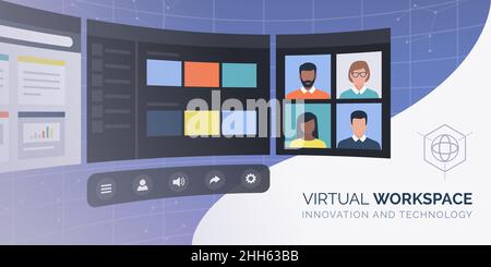 Virtual desktop screens with interactive user interface: VR and digital virtual workspace concept Stock Vector