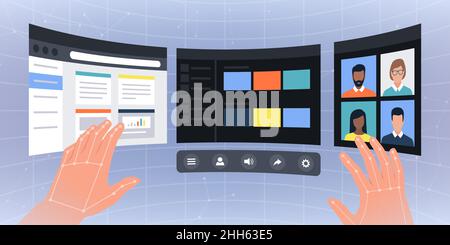 Virtual desktop screens with interactive user interface: VR and digital virtual workspace concept Stock Vector