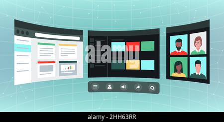 Virtual desktop screens with interactive user interface: VR and digital virtual workspace concept Stock Vector