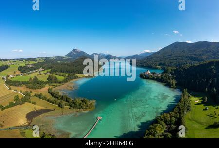 Austria, Salzburg, Hof bei Salzburg, Drone view of Lake Fuschl in summer Stock Photo