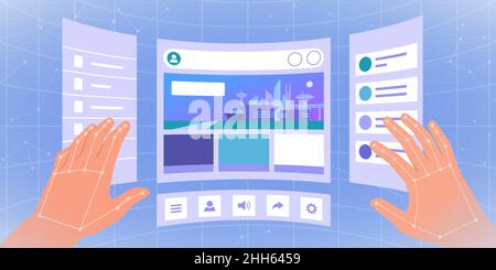 User interacting with tridimensional virtual screens, VR and virtual workspace concept Stock Vector