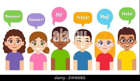 Diverse children saying Hi in different languages. Cute cartoon style drawing. Language learning and international education vector illustration. Stock Vector