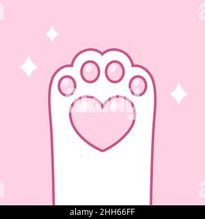 Cute cartoon heart shaped cat paw on pink background. Kawaii white kitten foot doodle with sparkles. Isolated vector illustration. Stock Vector