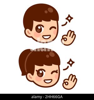 Cute anime boy and girl winking and making OK sign. Simple kawaii face cartoon illustration. Stock Vector