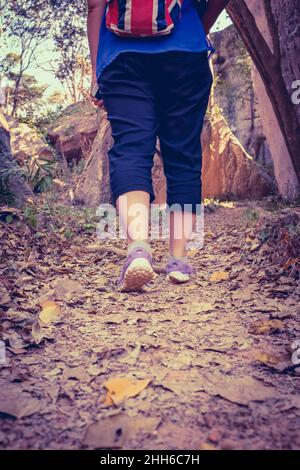 Back view of woman walking exercise in forest, motivational health and fitness concept, outdoors. Achievement fitness adventure and exercising in spri Stock Photo