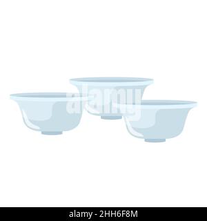 Kit of three cups for chinese tea ceremony on white background. Asian traditional element isolated in style flat vector design illustration. Stock Vector