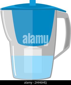 Plastic water filter purification pitcher with replacement cartridge on white background. Jug to clear aqua isolated in style flat vector illustration Stock Vector