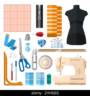 Set for sewing on white background. Collection for sew threads, machine, needles, thimble, buttons, pins, scissors, zipper, ruler, bobbin, graph paper Stock Vector