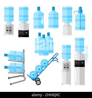Set cooler for water on white backdrop. Cooler and bottle office, water delivery service, delivery cart with bottles in style flat vector illustration Stock Vector
