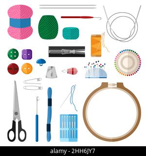 Set for handmade on white background. Kit for handicraft embroidery hoops, threads, yarn, needles,, thimble, buttons, pins, scissors, slider in style Stock Vector