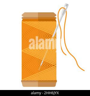 Spool threads color yellow isolated on white background. Bobbin for sewing machine in flat style vector illustration. Stock Vector