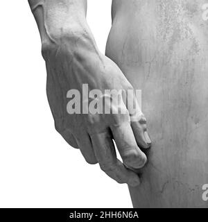 Stone hand closeup of David statue by Michelangelo isolated on white background Stock Photo