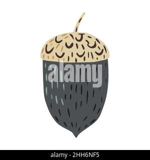 Acorn isolated on white background. Scandinavian acorn gray color hand drawn in doodle style vector illustration. Stock Vector