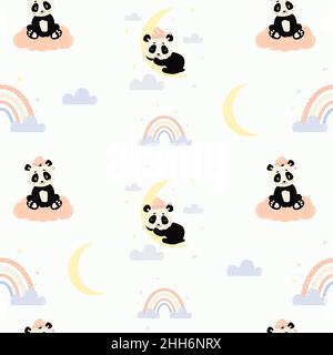 Seamless pattern. Cute sleeping panda on moon and bear cub on cloud on white background with rainbow and stars. Vector illustration. Scandinavian kids Stock Vector