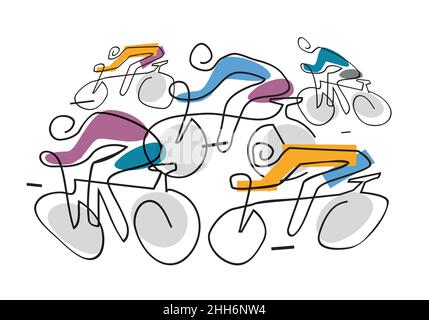 Cycling race, line art stylized cartoon. Illustration of three cyclists on a road. Continuous Line Drawing. Vector available Stock Vector