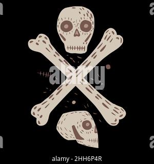 Composition from skulls and bones on black background. Pirate flag sketch hand drawn in style doodle vector illustration. Stock Vector